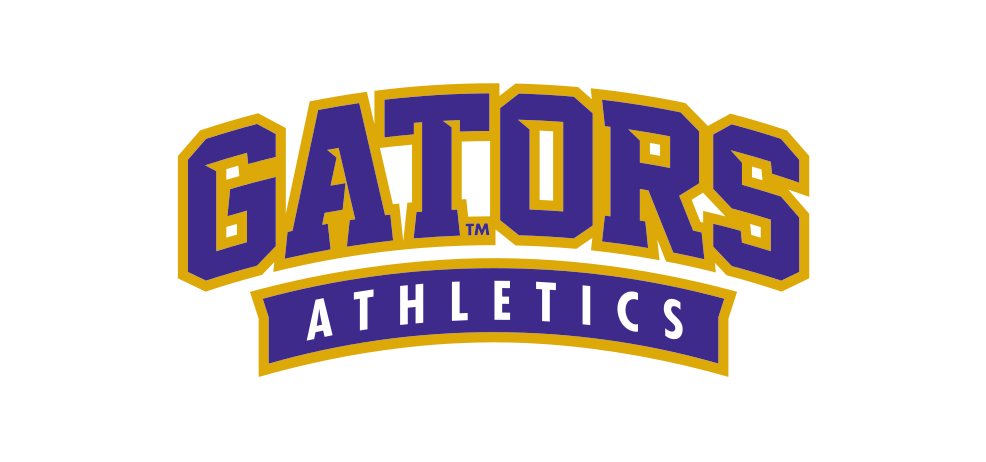 GATORS ATHLETICS wordmark, purple and gold on white variant, cell 49