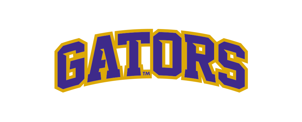 GATORS arched wordmark, purple and gold on white variant, cell 53