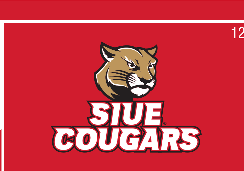 Cougar head logo with SIUE COUGARS wordmark, full color on red variant, cell 12