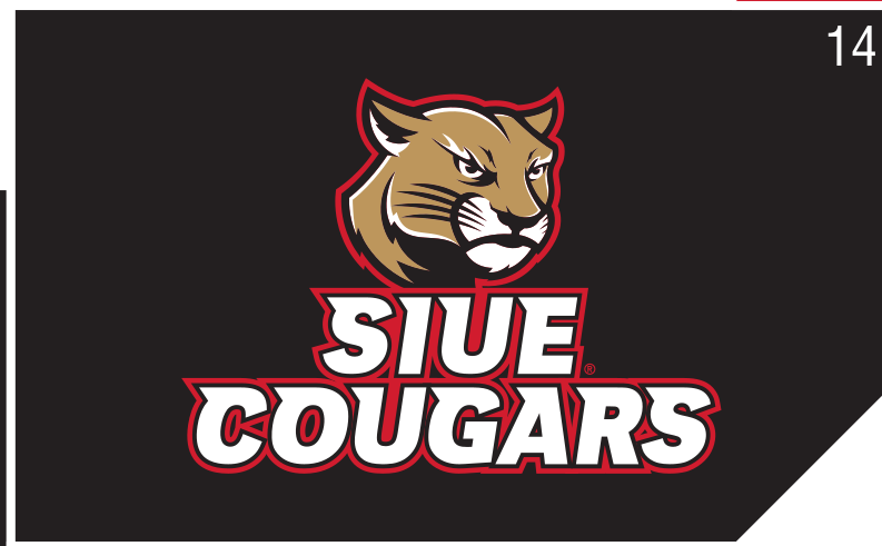 Cougar head logo with SIUE COUGARS wordmark, full color on black variant, cell 14