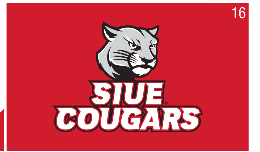 Cougar head logo with SIUE COUGARS wordmark, grey on red variant, cell 16