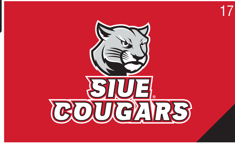 Cougar head logo with SIUE COUGARS wordmark, grey on red variant, cell 17