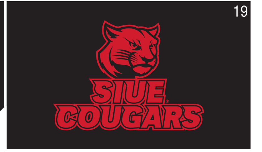 Cougar head logo with SIUE COUGARS wordmark, red/black on black variant, cell 19