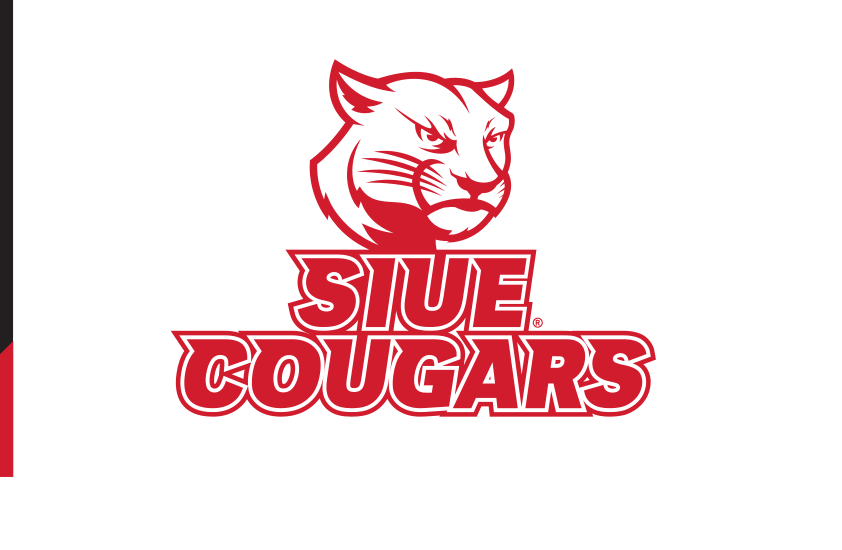 Cougar head logo with SIUE COUGARS wordmark, red/white on white variant, cell 22