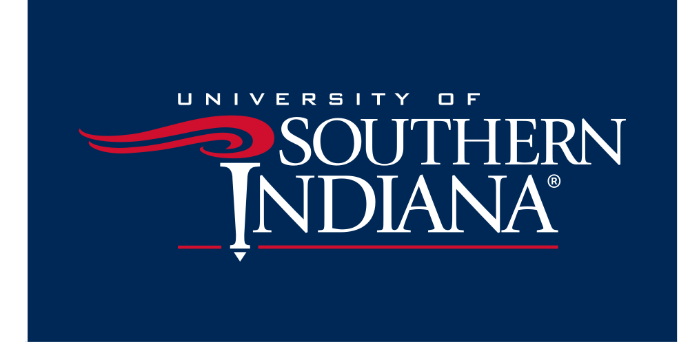 University of Southern Indiana wordmark, stacked, reverse on blue variant, cell 2