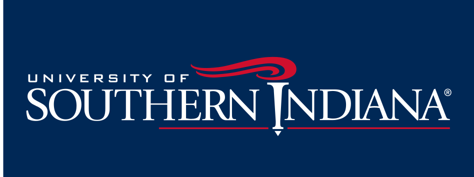 University of Southern Indiana wordmark, horizontal, reverse on blue variant, cell 7