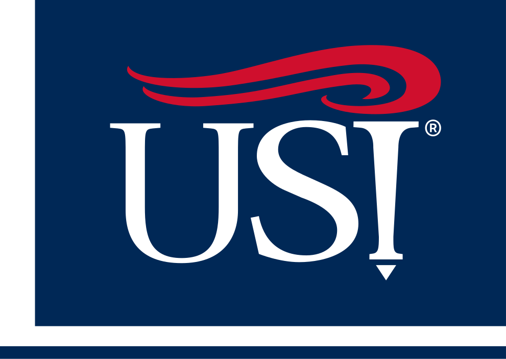 USI lettermark with swoosh, red and white on navy variant, cell 17
