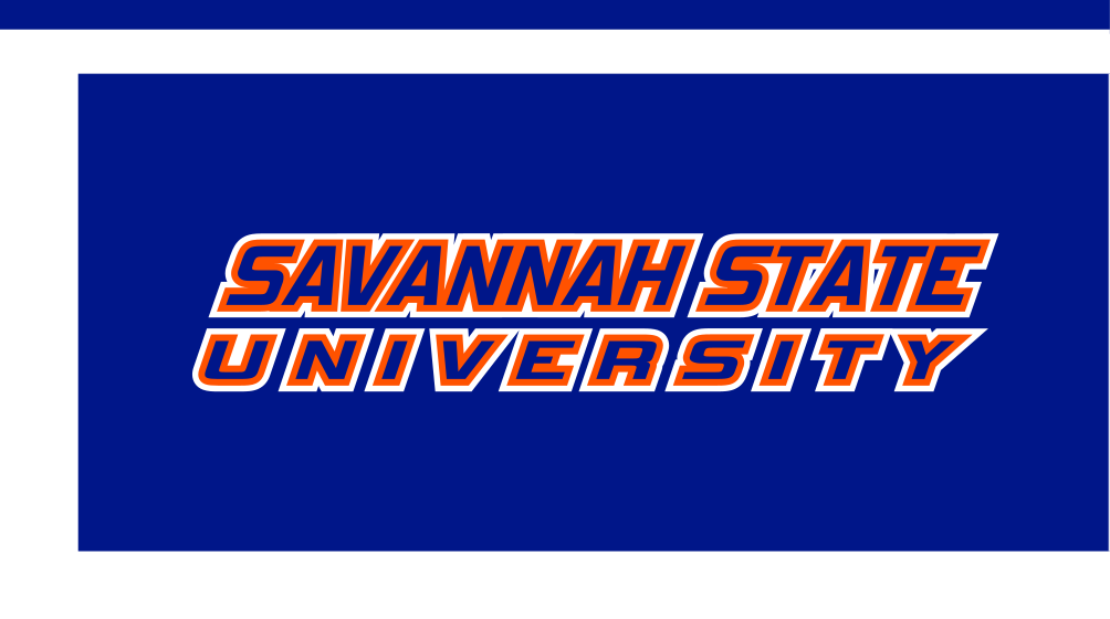 Savannah State University wordmark, white and orange on blue variant, cell 17