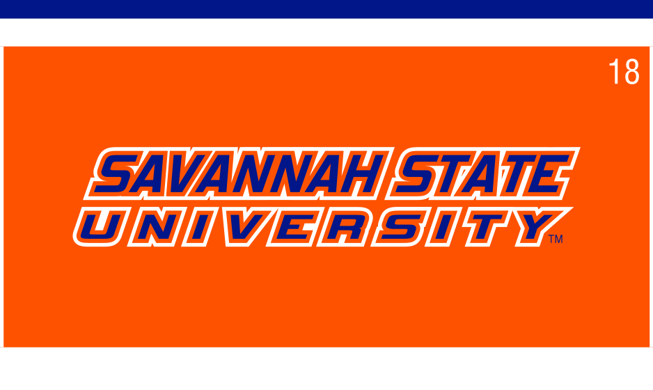 Savannah State University wordmark, white and blue on orange variant, cell 18