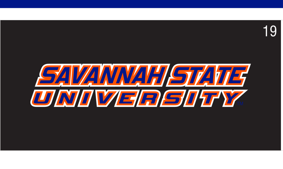 Savannah State University wordmark, white and orange on black variant, cell 19