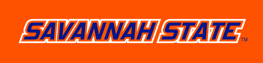 Savannah State wordmark, white with blue outline on orange variant, cell 23