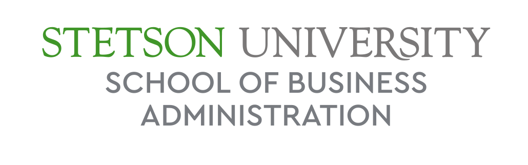 Stetson University School of Business Administration, horizontal wordmark, green/grey variant, cell 97