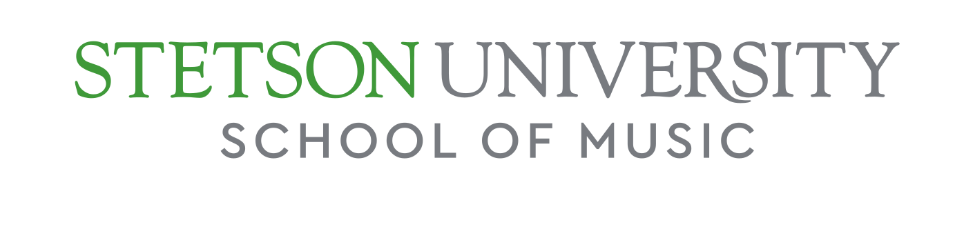 Stetson University School of Music, horizontal wordmark, green/grey variant, cell 106