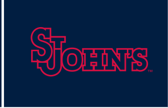 St. John's wordmark, red with blue outline, blue background variant, cell 23