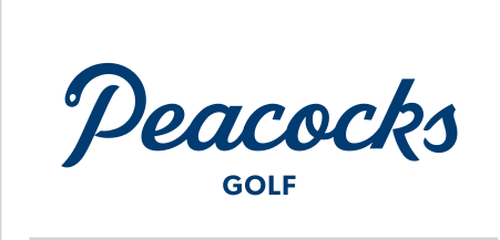 Peacocks Golf, script lockup, blue variant, cell 156