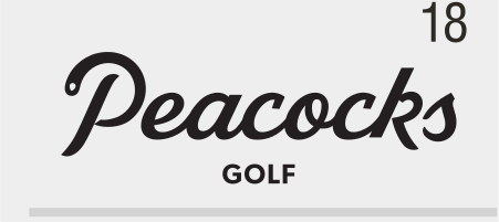 Peacocks Golf, script lockup, black/grey variant, cell 180
