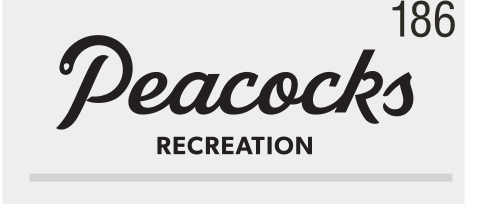 Peacocks Recreation, script lockup, black/grey variant, cell 186