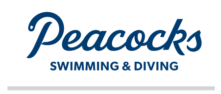 Peacocks Swimming & Diving, script lockup, blue variant, cell 264