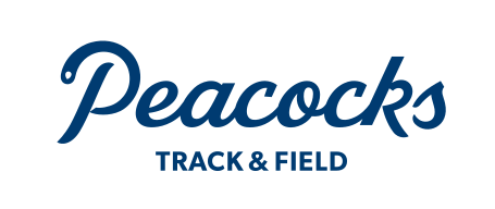 Peacocks Track & Field, script lockup, blue variant, cell 270