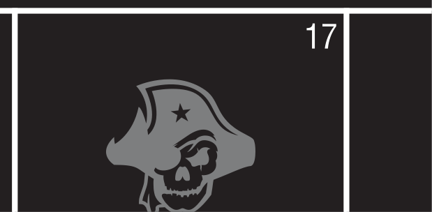 full athletic lockup, pirate mascot + wordmark, white/black on gray variant, cell 25