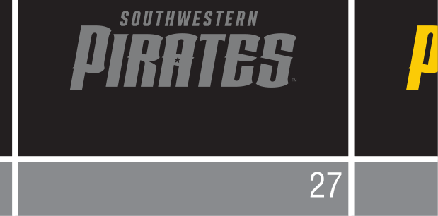 full athletic lockup, pirate mascot + wordmark, black on gray variant, cell 26