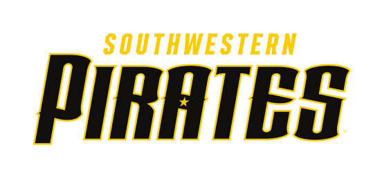 Southwestern Pirates wordmark, black/gold outline variant, cell 82