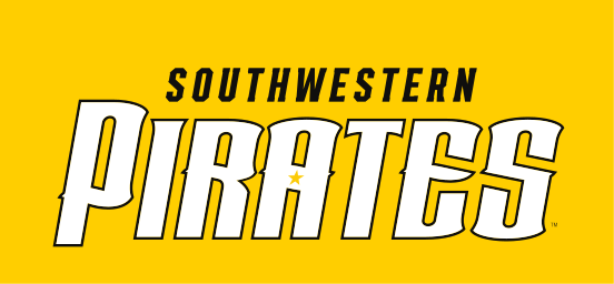 Southwestern Pirates wordmark, white/black outline on gold variant, cell 94