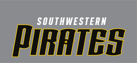 Southwestern Pirates wordmark, black/gold outline on grey variant, cell 103