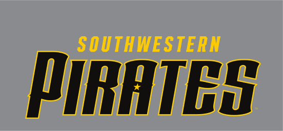 Southwestern Pirates wordmark, black/gold outline on grey variant, cell 104