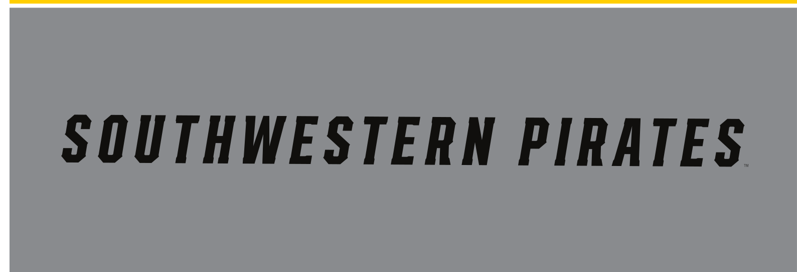 SOUTHWESTERN PIRATES wordmark, black on grey variant, cell 158