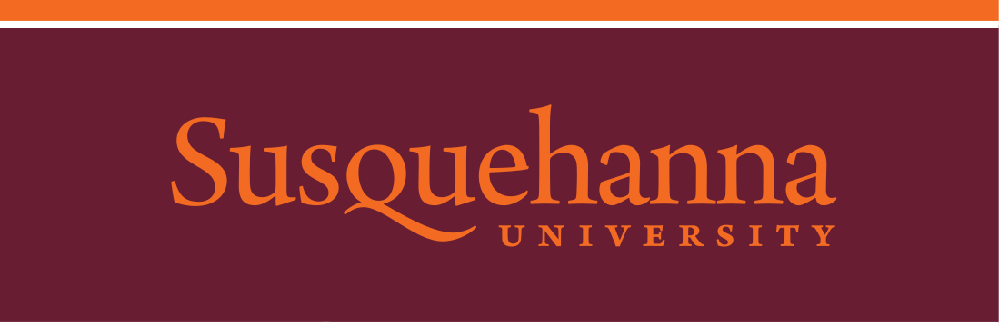 Susquehanna University wordmark, orange and white on maroon variant, cell 2
