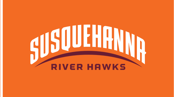Arched Wordmark, Susquehanna (arched) over River Hawks (straight), color on orange variant, cell 34