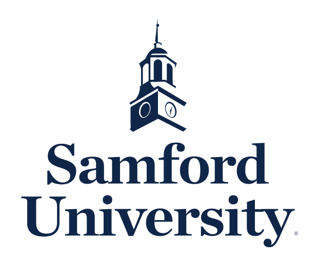 Samford University logo, stacked, navy variant, cell 3