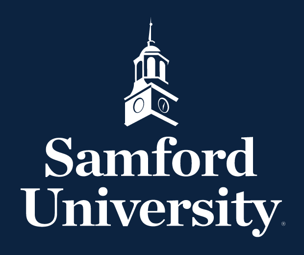 Samford University logo, stacked, white variant, cell 4