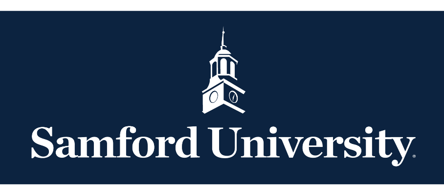 Samford University logo, horizontal, white variant, cell 6
