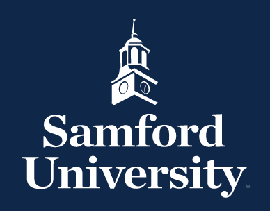 Samford University logo, academic logo, white on blue variant