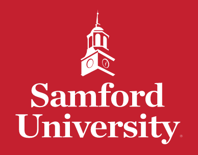 Samford University logo, academic logo, white on red variant