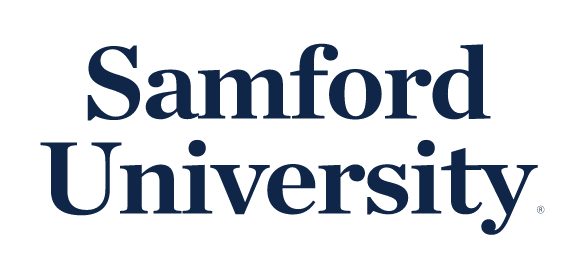 Samford University wordmark, stacked, navy variant, cell 9