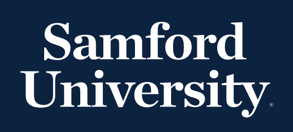 Samford University wordmark, stacked, white variant, cell 10