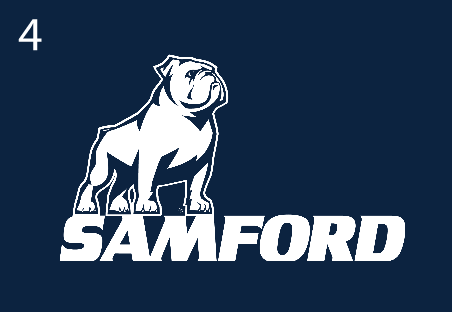 bulldog mascot over SAMFORD wordmark, reverse variant, cell 14