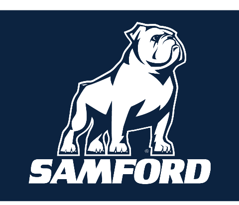 bulldog mascot over SAMFORD wordmark, reverse variant, cell 21
