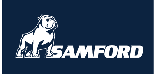 bulldog mascot beside SAMFORD wordmark, reverse variant, cell 18