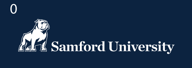 bulldog mascot beside Samford University wordmark, reverse variant, cell 30