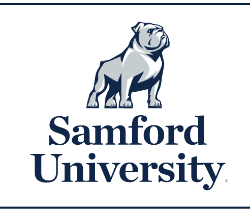 bulldog mascot over Samford University wordmark, full color variant, cell 31