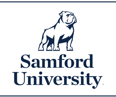 bulldog mascot over Samford University wordmark, one color variant, cell 32