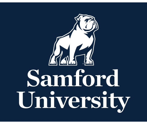 bulldog mascot over Samford University wordmark, reverse variant, cell 33