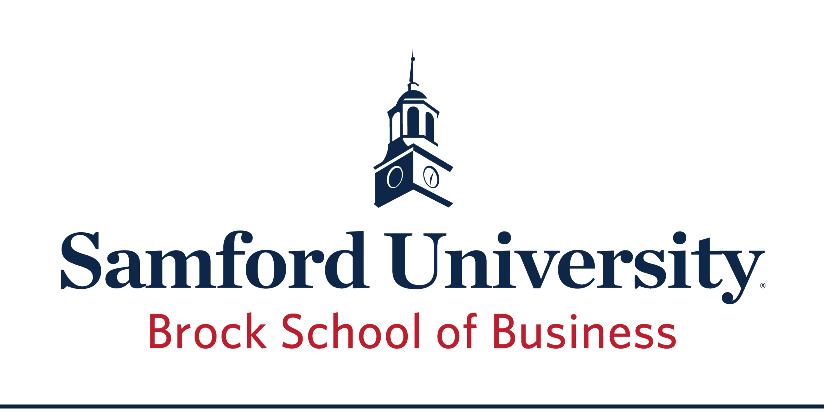 Samford University Brock School of Business, color, belltower stacked variant, cell 38