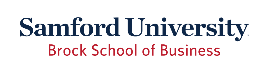 Samford University Brock School of Business, color, wordmark stacked variant, cell 40