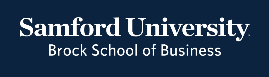Samford University Brock School of Business, reverse, wordmark stacked variant, cell 41