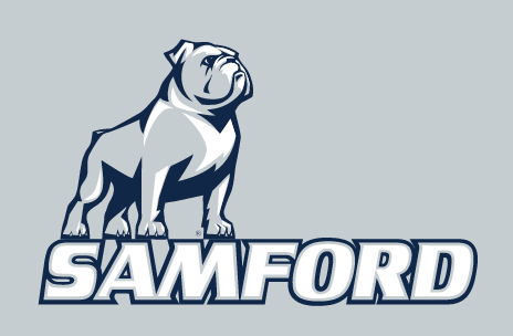 Samford bulldog logo, spirit logo, blue and white on gray variant